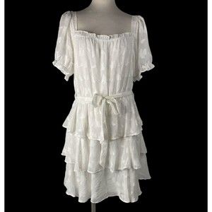 She + Sky Sz M White Mini Dress Tiered Puff Sleeve